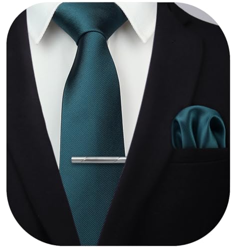 HISDERN Mens Ties Solid Color Wedding Ties and Pocket Square Neckties Clip Sets Business Formal Satin Ties for Men