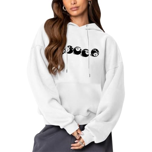 Kelxjia Graphic 8 Ball Hoodie Y2k Oversized Hoodies for Women Cute Preppy Hooded Sweatshirt Aesthetic Clothes Streetwear(White,M)