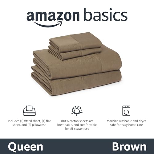 Image of Amazon Basics 100% Cotton Jersey Bed Sheet Set, Queen, Brown, Solid