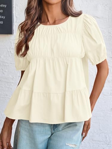 Image of Tankaneo Womens Puff Sleeve Peplum Babydoll Tops Summer Flowy Pleated Cotton T-Shirts Casual Loose Fit Cute Blouse