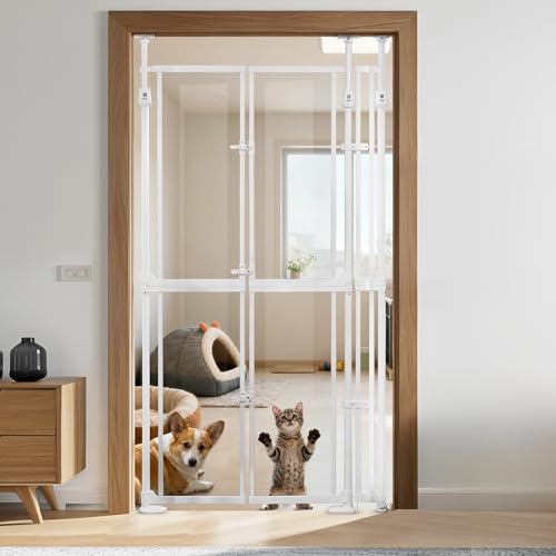 NiceTCU 74.80-98.43 Extra Tall Cat Gate Adjustable 40.5-41.7 Wide Transparent Full Door Pet Gate Auto Close No Drilling Cat Proof Safety Gate for Doorway Stairs- White