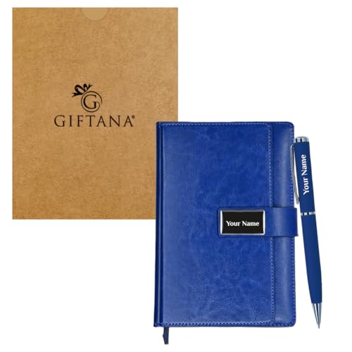 Image of Giftana Personalized Notebook Diary with Pen Gift Set for Men and Women, 2 in 1 Customized Office Diaries A5 Size Notebook, Diwali Gifts, Personalised New Year Corporate Gifts for Employees (Blue 2)