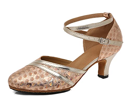 Minishion Comfortable Dance Shoes for Women Dots Mid Heel Practice Dancing Pumps L476 Bronze US 6