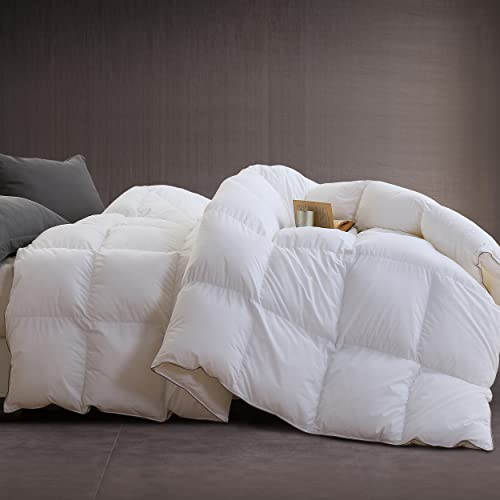 SNOWMAN Premium Down Comforter Queen Size, Luxurious Heavyweight Duvet Insert with Cotton Blended Fabric, 46oz Fill Weight 3D Baffle Box Design Medium Warm Hotel Bedding Comforter (White,90"x90")