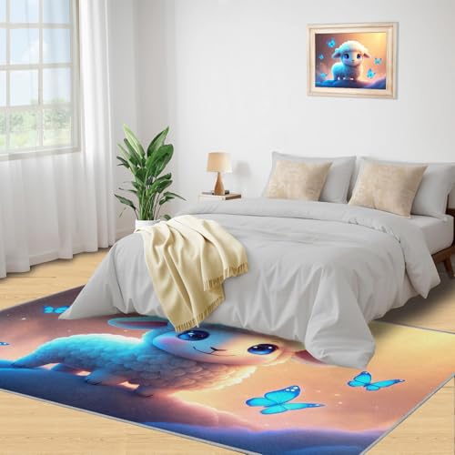 Niedlicher Schaf-Teppich, 152,4 x 304,8 cm, blauer Teppich für Schlafzimmer, Küchenteppich mit Tiermotiv, rutschfest, waschbar, warm, weich, für Kinder, kurzfloriger Teppich für Waschküche