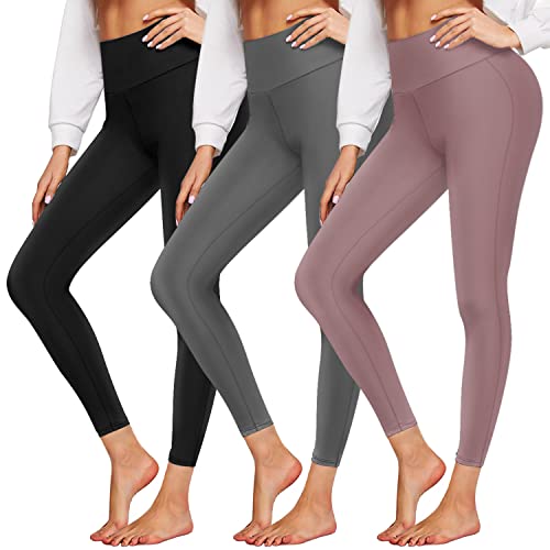 GROTEEN 3 Pack Leggings for Women - Butt Lifting High Waisted Ultra Soft Tummy Control Yoga Pants Athletic Workout Black Leggings (3 Pack Black/Dark Gray/Rosy Brown, Small-Medium)