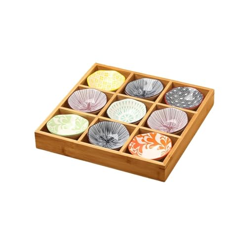 お皿 小皿セット和風 小皿セット 竹トレイ 陶器 前菜皿 盛り鉢 深型 仕切り付き 天然木 9点セット小鉢 醤油皿 前菜皿 盛り鉢 和食器 セラミック アイスクリーム ソース皿 火鍋 焼肉屋 寿司屋 食洗機 B