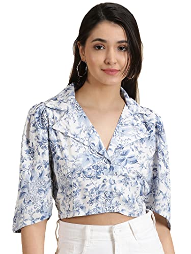Image of SHOWOFFFF Women Printed Shirt Style Casual Top | Spread Collar 3 /4th Sleeves Crepe Top's for Womens | Regular Fit Crop Tops for Women's