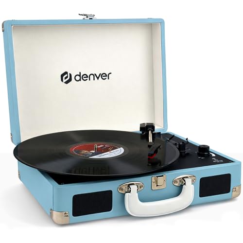 Denver VPL-120BU Kofferplattenspieler – Schallplattenspieler Retro Blau mit Lautsprecher - USB Vinyl Player - Auto-Stopp - Plattenspieler Koffer - Record Player zum Digitalisieren