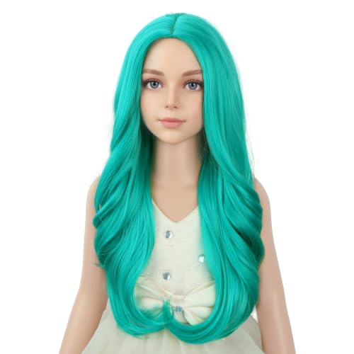 Image of PATTNIUM Blue Green Wig for KIds Girls Long Curly Wigs Middle Part Heat Resistant Synthetic Wigs Halloween Cosplay Costume Party Wig