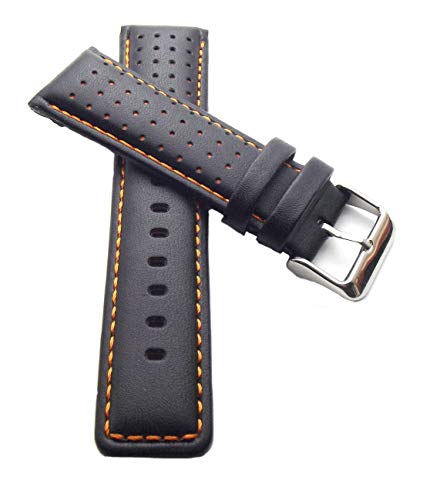 Rallye Racing - Bracelet de montre - En véritable cuir de veau - Noir avec des coutures oranges - 22 mm Cover
