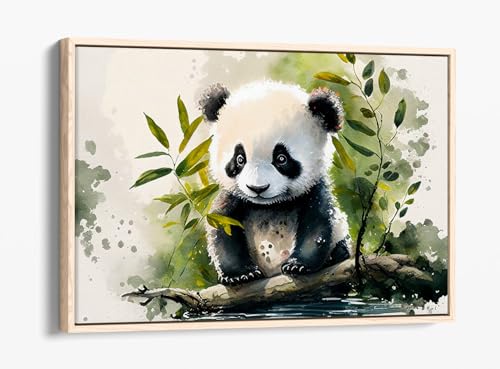 Toile de panda à l'aquarelle premium et son cadre chêne authentique