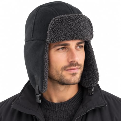 Image of Result Thinsulate 3M™ Sherpa Trapper Hat – Winter Fleece Warm Cap with Ear Flaps, Adjustable Snap Closure, Faux Lambswool Lining (Black, S-L)