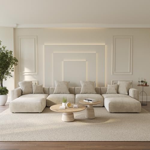 WJShome Cloud Couch Modular Sectional Sofa,181.1inch U Shape Couch,Oversized Corduroy Couches with Ottoman and 6 Pillows,Cushion Covers Removable& Washable,Beige