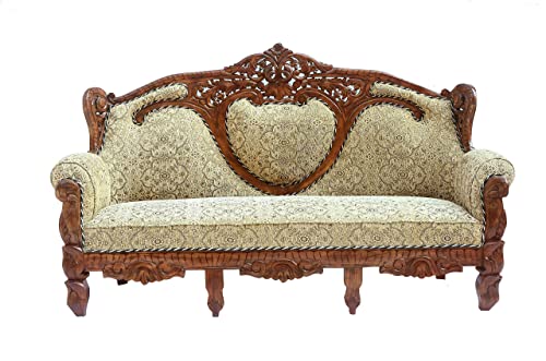 Image of Wooden 5 Seater Sofa Set, Solid Wood Sofa | 3+1+1 Natural Brown Finish with Fabric Seating | Traditional Design Furniture for Living Room, Home, Office