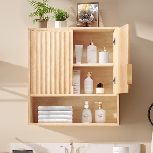Bonnlo Armoire Murale de Salle de Bain en Chêne, 2 Portes et 3 Étagères de Rangement, 58 x 20 x 62 cm, Meuble de Rangement Suspendu pour Salle de Bain,...