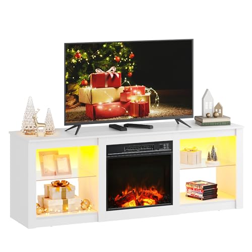 WLIVE 58 Inches Fireplace TV Stand with LED Lights, Modern Entertainment Center with 18'' Electric Fireplace & Adjustable Glass Shelves, Sturdy Media Console for Living Room, Bedroom (White)