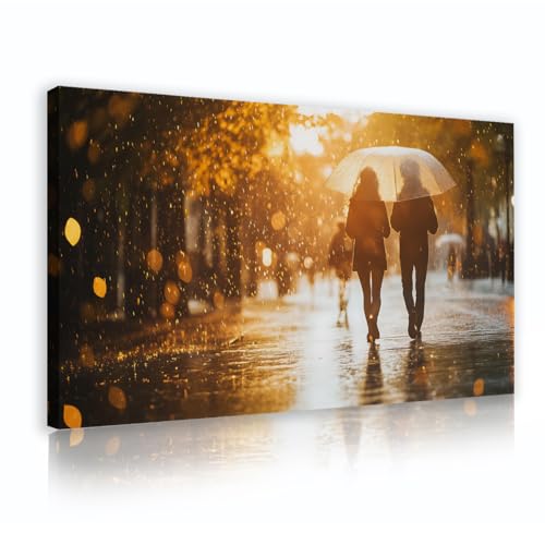 Toile tendue automne couple sous la pluie cadre intérieur bois 65x115cm