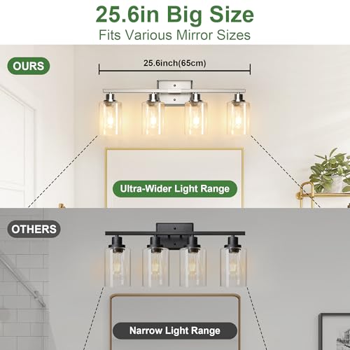 Image of Ascher Bathroom Light Fixtures, 4-Light Vanity Lights with Clear Glass Shade, Modern Brushed Nickel Wall Light for Mirror Bedroom Hallway Cabinet Porch