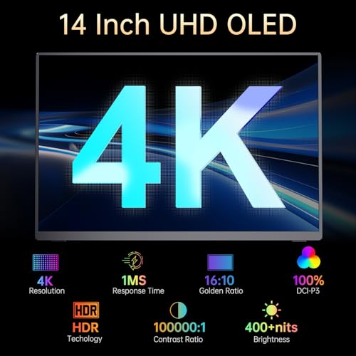 Image of 4K Portable Monitor OLED 3840x2400p, 14 inch Ultra Slim Travel Monitor, 400+ Nits |100% DCI-P3 | 1000000:1 Contrast, HDMI USB C External Screen for Laptop Mabook PC