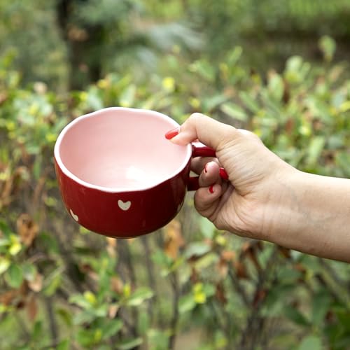 Image of Red Cappuccino Wide Heart Mug for Gifting Best Friend for Soup /Maggi /Coffee /Green Tea - 450Ml | Microwave Safe and Dishwasher Safe (2)