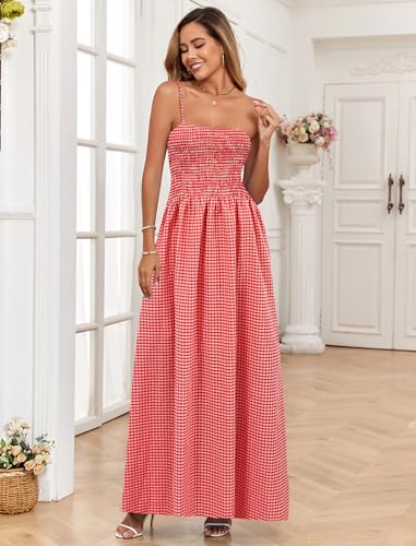 Image of Women Detachable Strap Beach Dress Strapless Smocked Pockets Maxi Dress | Removable Straps Flowy Swing A Line Maxi Beach Dress Boho Vacation Casual Smocked Strapless Beach Wedding Guest Sundress