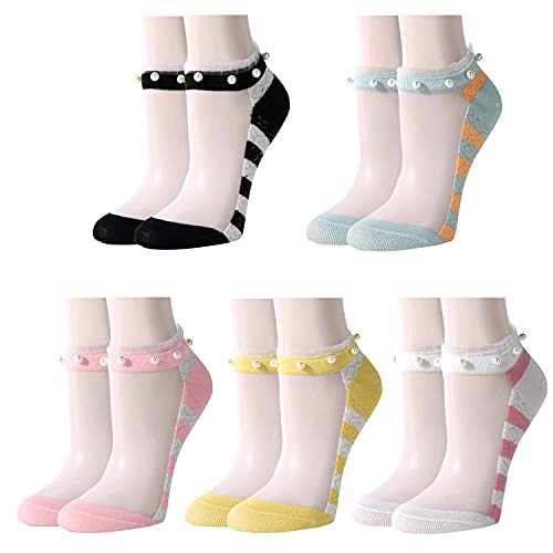 Benefeet Sox Women Girls Nylon Socks Pearl Sheer Transparent Ankle Socks Mesh Ladies Novelty Cute Lace Ruffle Through Clear Socks Gift, Pearl Striped-5 Pair #TOP9