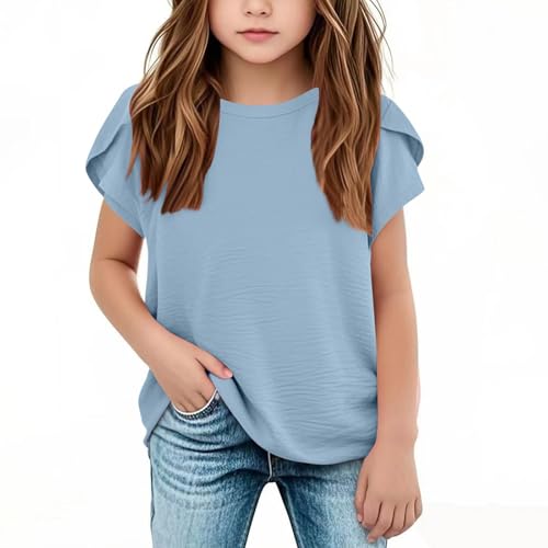 Girls T Shirt Short Sleeve Ruffle Shirt Cotton Linen Blend Solid Color Crewneck Tops Kids Girls Plain Tshirts Clothes