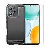 WDMYLFTW for Honor X5C Case with HD Screen Protector, Upgraded Non-Slip Shock-Absorption Flexible TPU Carbon Fiber Bumper Soft Rubber Protective Phone Case Cover (Black)