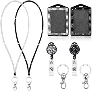 Badge Holder 2 Sets Bling ID Card Holder with Rhinestone Retractable Badge Diamond Reel Crystal Keychain Neck Lanyard Lobster Clasp Key Ring for Christmas Gift(Black,White)
