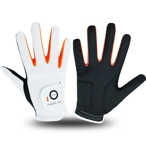 FINGER TEN Golf Gloves Kids All Weather Soft for Left and Right Hand Rain Grip Breathable Value Pair, Golf Gloves for Girls Boys Wear-Resistant Non Slip Comfortable (White/Black, Large)