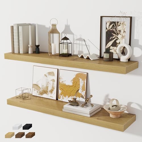 Fun Memories 40" Floating Shelves for Wall, 8 Inch Deep Floating Shelf for Books, Deep Bathroom Shelves Wall Mounted, Rustic Display Shelf for Kitchen, Bedroom, Living Room, Oak Color, 2 Pack