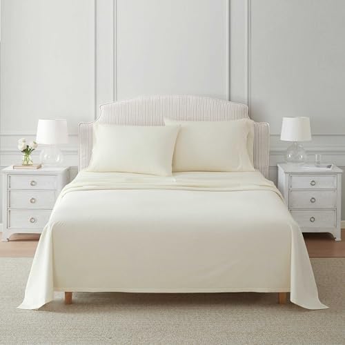 Image of Martha Stewart - King Size Sheets Set, Crisp & Tailored Cooling Sheets with a Naturally Smooth Cotton Percale Lightweight Feel - Bed Sheets with Matching Pillowcases & Fitted Sheet (Stripe Yellow)