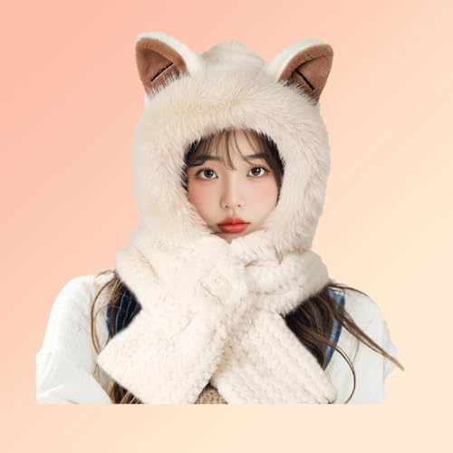 New Cute Fox Ears 2-in-1 Hat and Scarf, Windproof Cap with Integrated Ear Protection, Hooded for Women Winter2
