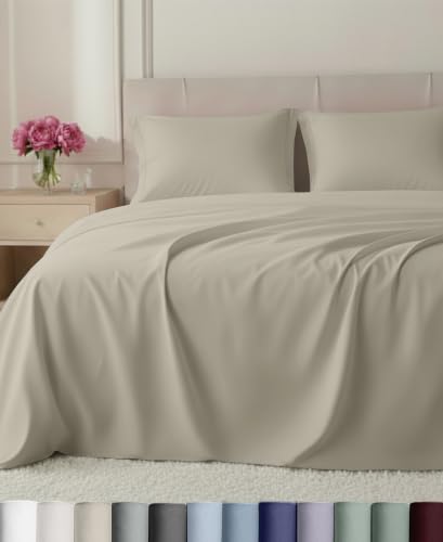 Image of California Design Den Luxury 800 Thread Count California King Sheets, Beige | 100% Cotton Sateen Backed by Good Housekeeping Seal - Soft & Thick, 16 inch Deep Pocket, All-Around Elastic, 4 Pc Set, Easy Care