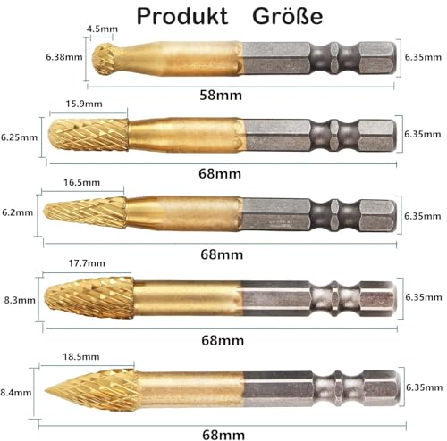 KEWAYO 5 Stück Hartmetall Frässtifte Set, Hartmetallfräser mit Doppelschnitt, 6.35mm Sechskant Schaft Fräsbohrer Metall,Rotary Fräser Frässtifte für Holz Gravieren, Schleifen, Schnitzen, Metallpolie