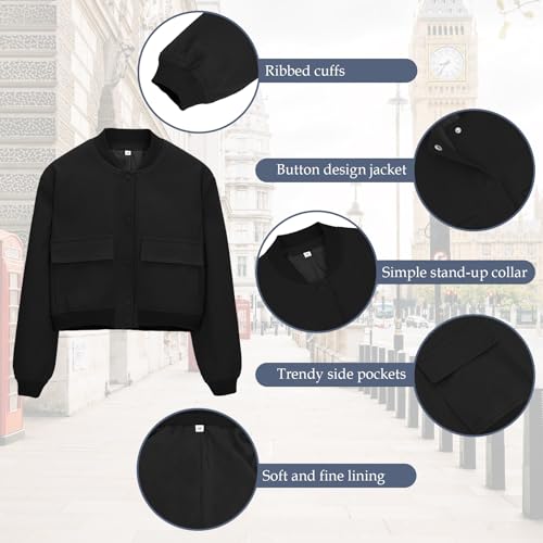 Durio Womens Bomber Jacket Fashion Short Cropped Jacket Casual Jackets for Women Varsity Jacket with Pockets Spring Fall Black Medium4