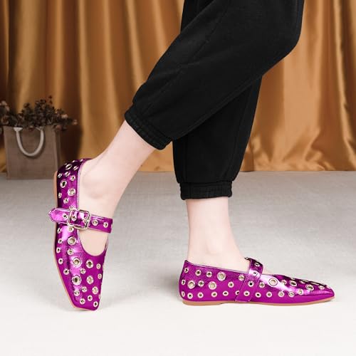 Women's Ballet Flats Studded Metal Eyelet Buckle Perforated Mary Jane Shoes2