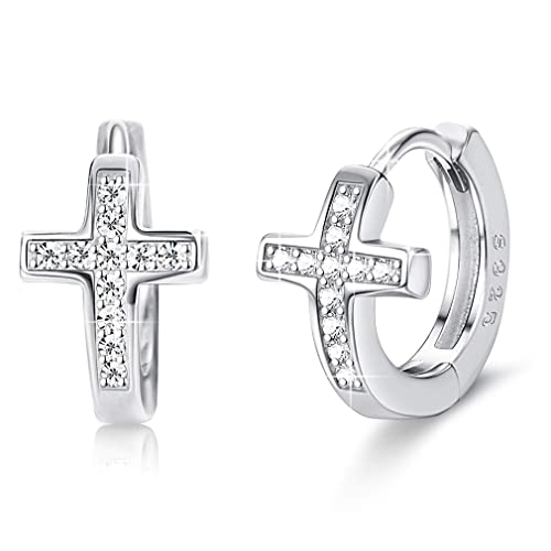 KALVICA Boucles D'oreilles Femme Créoles Petites en Argent Fin 925 Boucles D'oreilles Mini Croix Avec Zircone Cubique Créoles Cartilage Hypoallergénique...