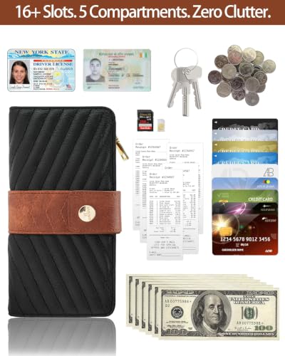 Image of Women's Trifold Wallet,Large Capacity RFID Long Wallet | 16 Card Slots,2 ID Windows,4 Bill Compartments,Vegan Leather,Double Zipper Pockets,Large Capacity Organizer