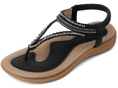 Image of UBFEN Womens Bohemian Flat Sandals With Back Strap Summer Beach Comfortable Bling