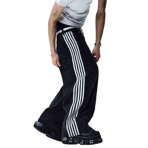 Women Men Track Jeans Side Stripe Low Rise Baggy Wide Leg Boyfriend Denim Pants Trendy Hip Hop Trousers Streetwear2