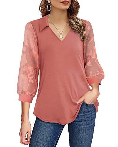 Vafoly Tunic Tops To Wear With Leggings, 3/4 Sleeve Blouses Womens Fall Tops Collared V Neck Work Tunic Shirts For Ladies Office Professional Stylish Flowy Tops For Women Fashion 2022 Carmine M #TOP1