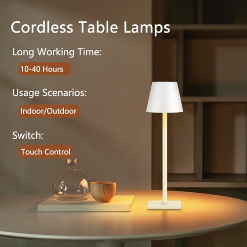 Image of White Cordless Table Lamp Set of 2 for Patio Restaurant Home Dinner Kitchen