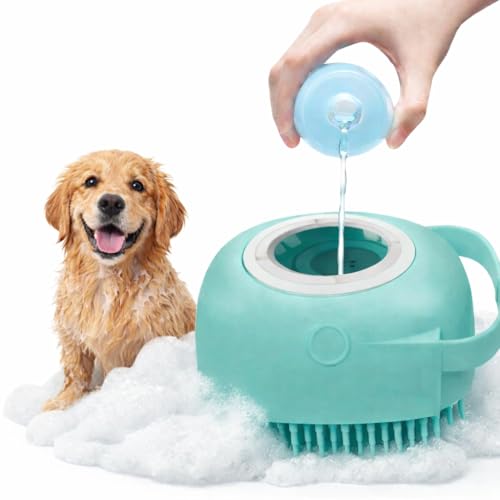 LEO-PAUL Brosse de Bain en Silicone Souple pour Chien - Réservoir Distributeur de Shampoing Intégré - Massage et Toilettage Doux pour Poils Courts et Longs (BLEUE)