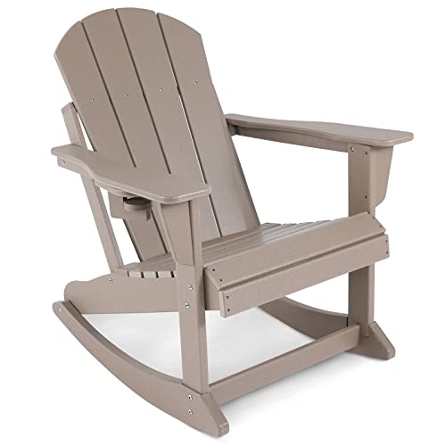 Abcpatio Folding Plastic Adirondack Chair - Rocking Adirondack Chairs With Cup Holder, Weather Resistant Stackable Seating For Patio, Porch, Deck, Pool, Garden, Backyard(Seat Width 21.6", Light Brown) #TOP9