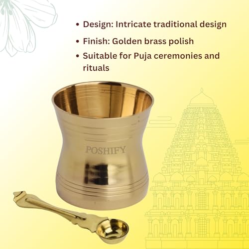 Image of Traditional Brass Pancha Patra with Spoon (Achamani /Pali) | Pure Brass Panchpatra Set for Puja, Mandir, Holy Water & Diwali | Hindu Pooja Items for Home (Cup: 6x6 cm, Spoon: 11.5 cm)