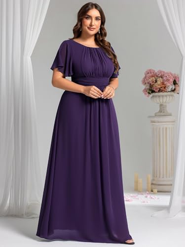 Image of Ever-Pretty Plus Elegant Formal Dresses for Curvy Women Round Neck Short Sleeves Chiffon Bridesmaid Mother of The Bride Dress