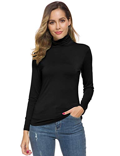 Black Long Sleeve Shirt for Women Slim Fit Basic Layer Turtleneck Top Soft Lightweight T-Shirt X-Large