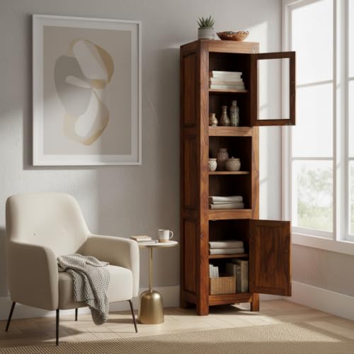 Image of APRODZ Mango Wood Crockery Cabinet with Glass Door | Wooden Kitchen Storage Cabinet for Dining Room Living Room & Bedroom | Tall Storage Cabinet with Shelves | Display Cabinet for Home with Two Doors